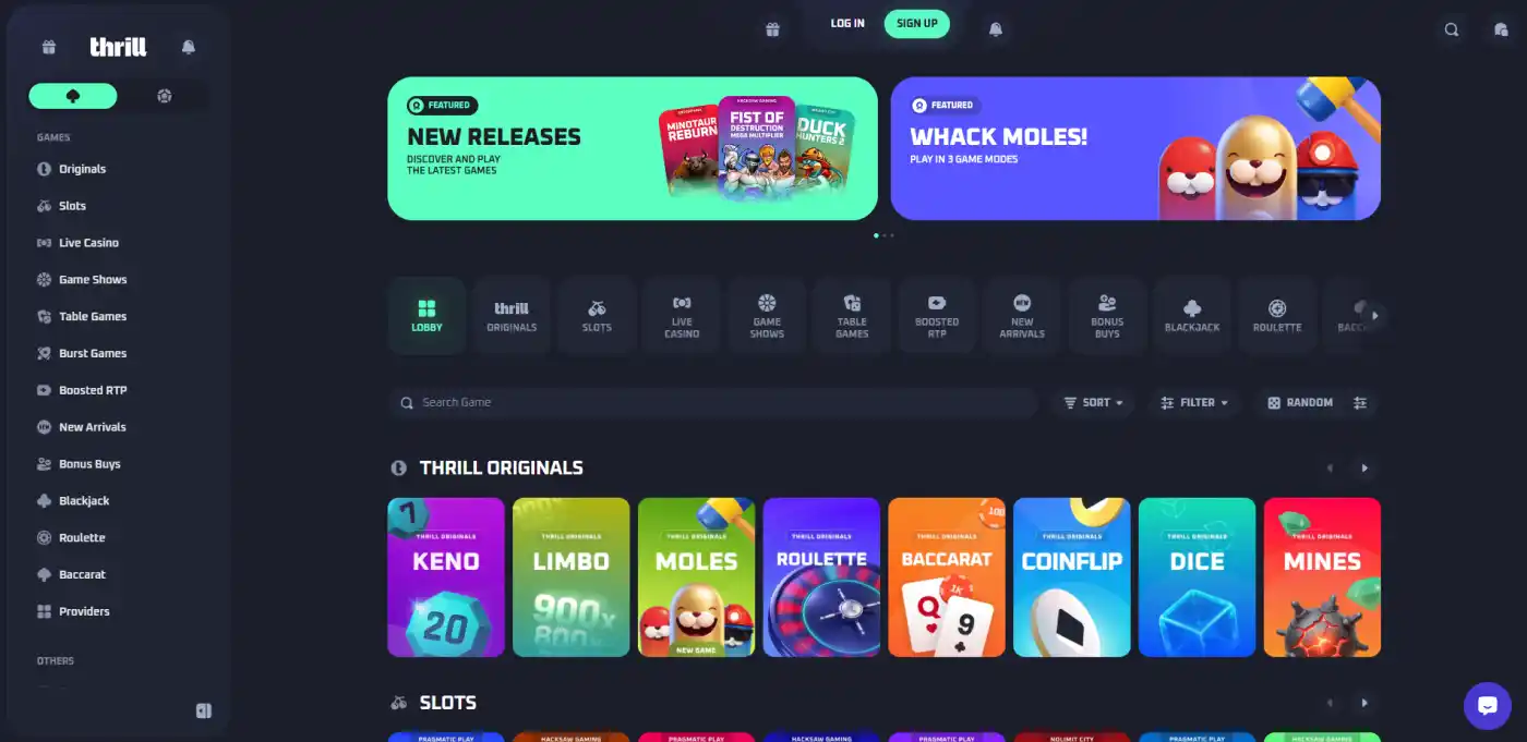 Thrill homepage with casino navigation and game browsing interface