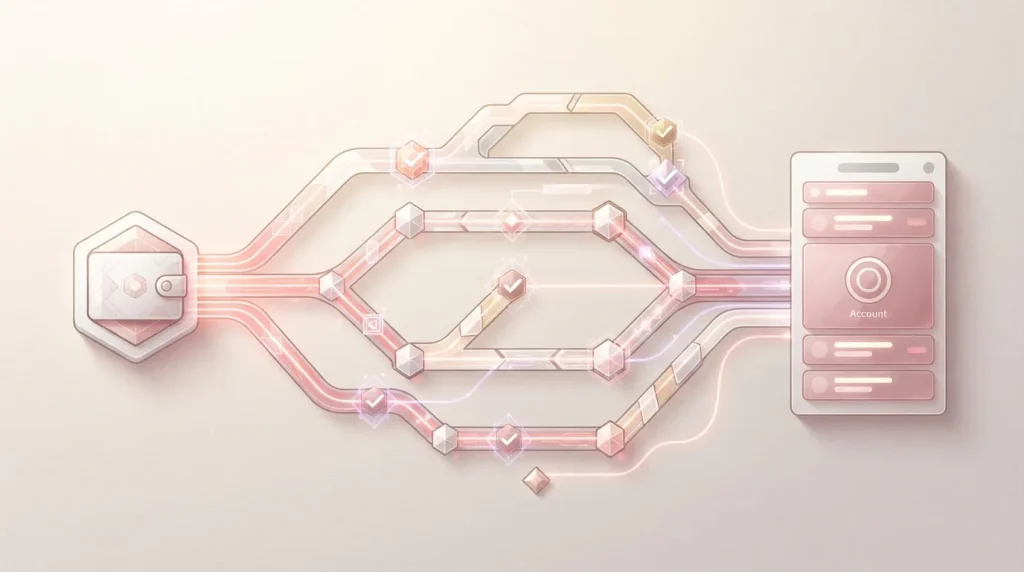 Crypto wallet route branching across several blockchain paths toward a casino account