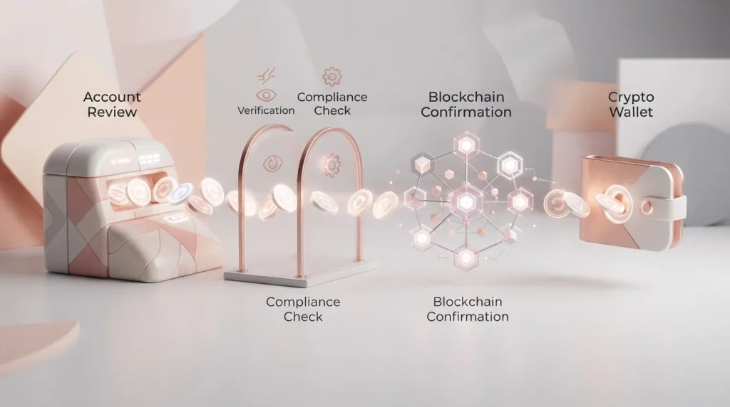 Crypto withdrawal path moving from an account balance through review and blockchain confirmation to a wallet