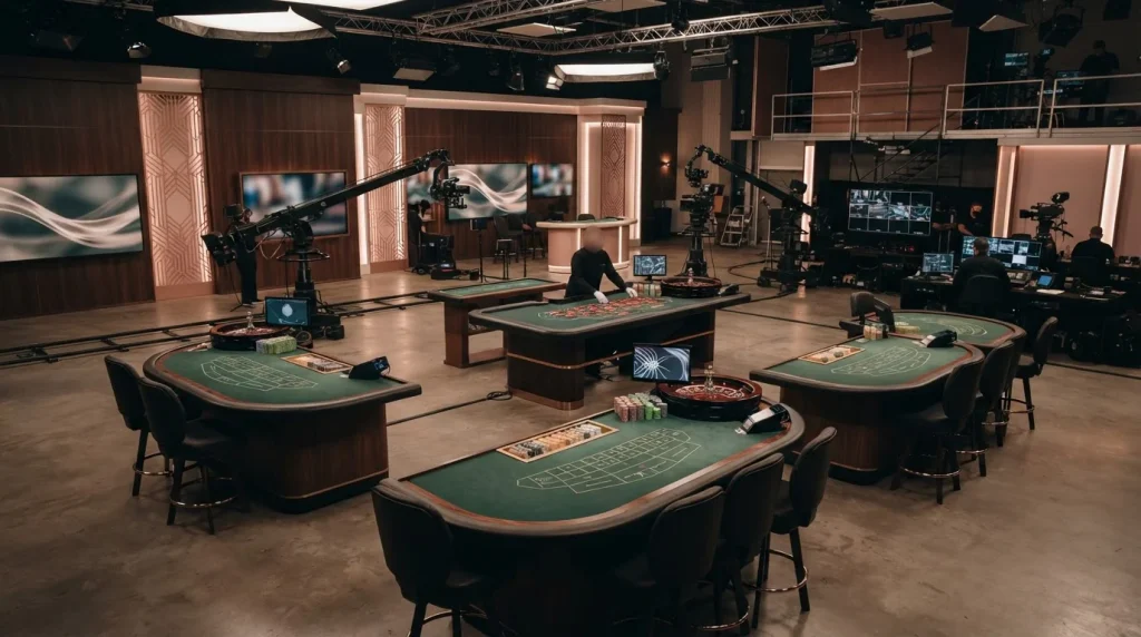 Empty live casino studio tables arranged under soft broadcast lighting