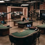 Empty live casino studio tables arranged under soft broadcast lighting