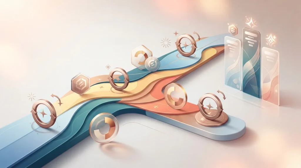 Abstract loyalty progression with reward milestones, reload markers and token flows