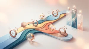 Abstract loyalty progression with reward milestones, reload markers and token flows